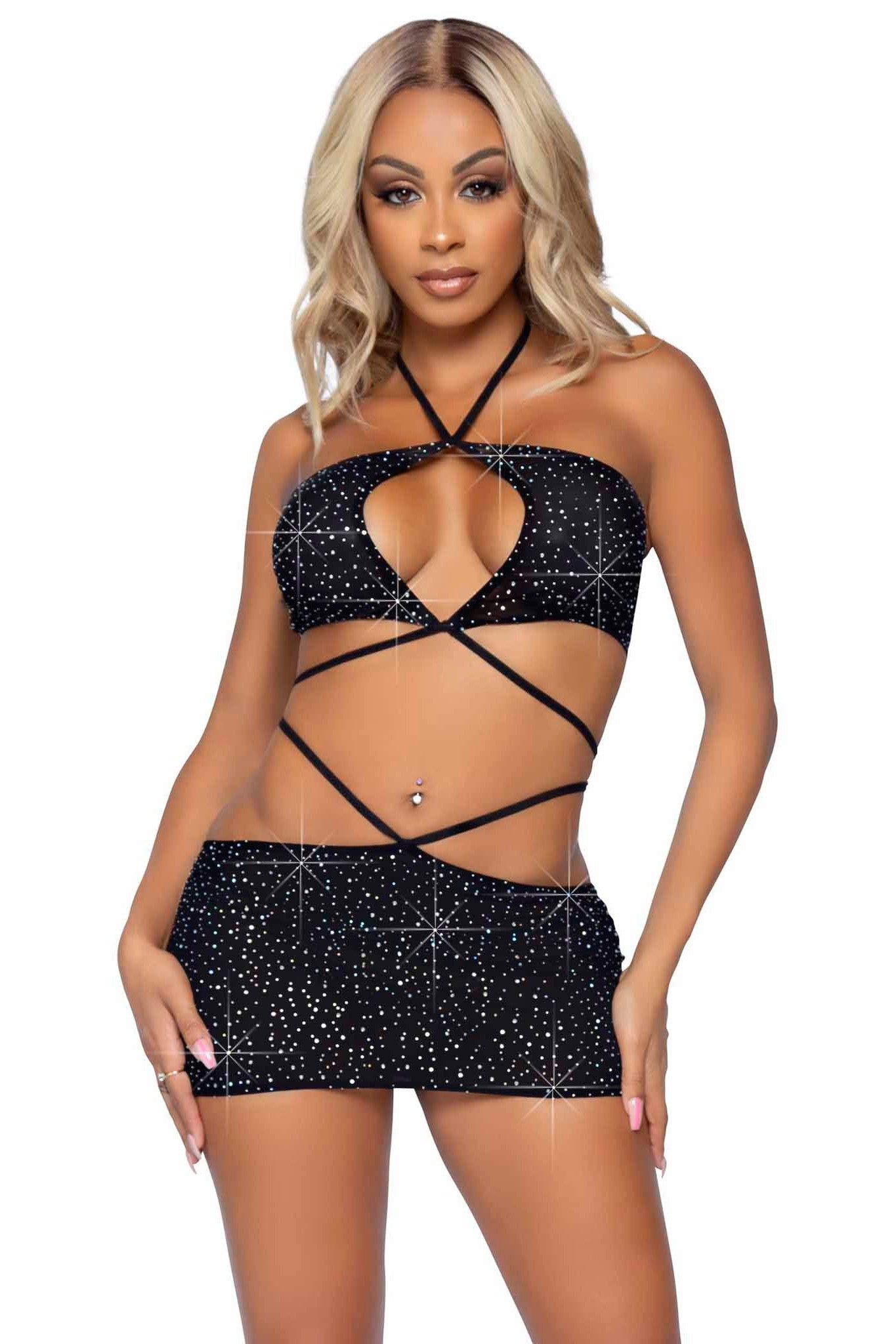 2 Piece Rhinestone Keyhole Bandeau Top, Low Rise Skirt Set