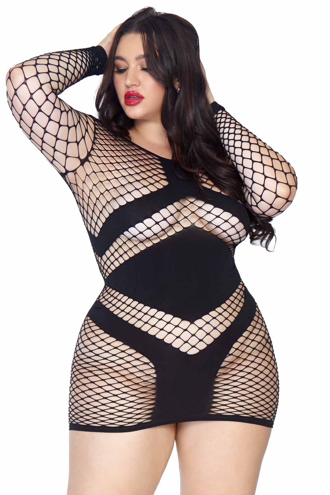 Diamond Net Long Sleeved Mini Dress, Opaque Accents