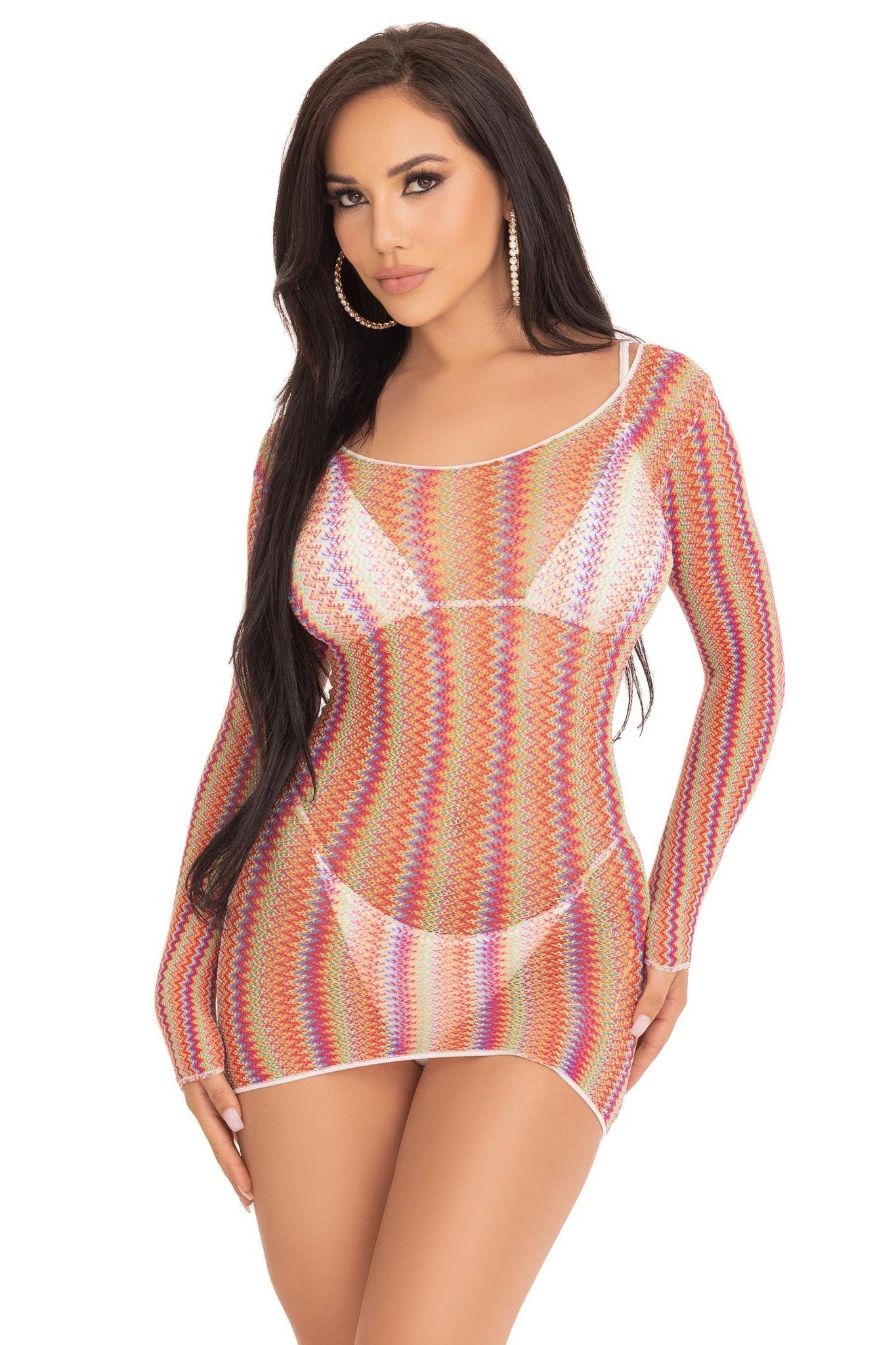 Zig Zag Rainbow Net Long Sleeve Mini Dress