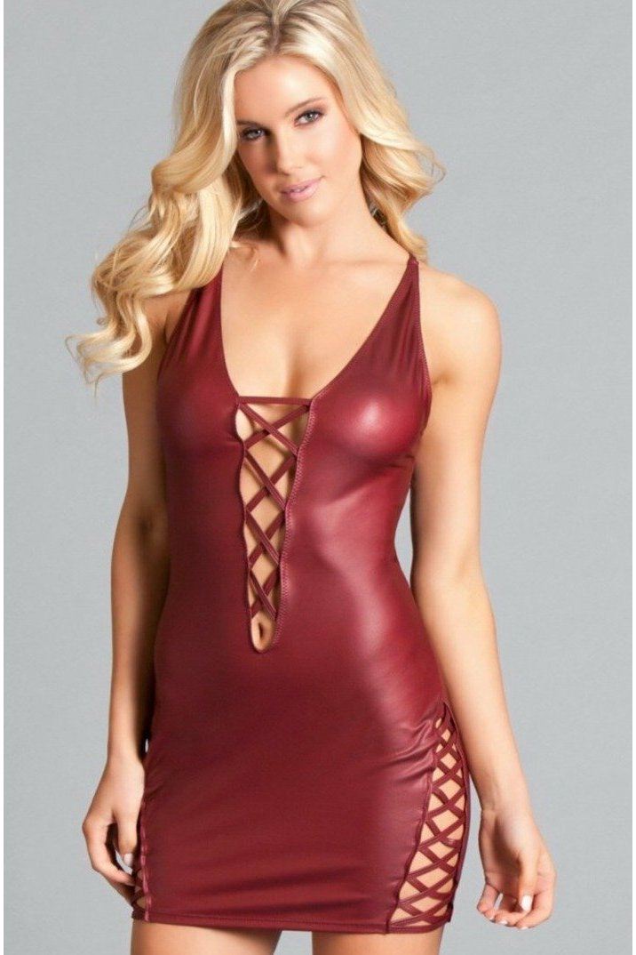 Deep Plunge Wet Look Mini Dress